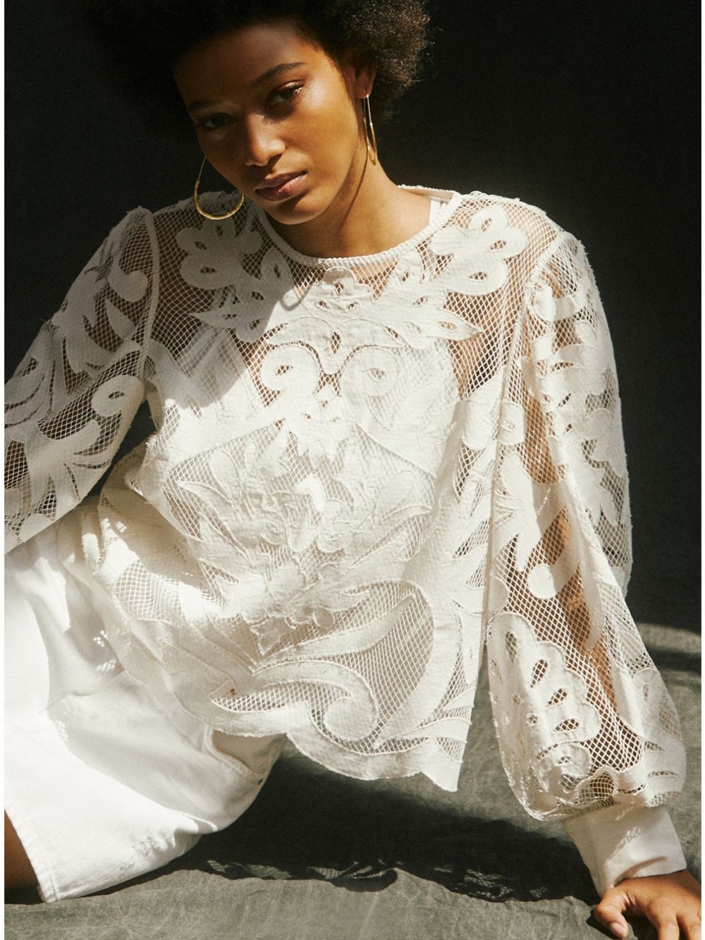 Anthropologie White Floral Lace Mesh Blouse